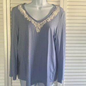 Chicos Beaded V-Neck, Button-tab Sleeve Top, Blue & White, Size 1